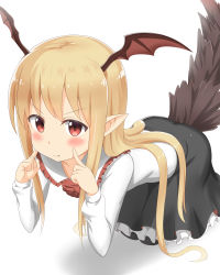 Rule 34 | 10s, 1girl, absurdres, black skirt, blonde hair, blush, fang, granblue fantasy, head wings, highres, long hair, looking at viewer, nedia (nedia region), pointy ears, red eyes, shingeki no bahamut, simple background, skirt, solo, tail, vampy, white background, wings