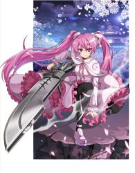 Rule 34 | 1girl, akame ga kill!, black pantyhose, border, bow, capelet, cherry blossoms, closed mouth, dress, floating hair, flower, frilled dress, frilled sleeves, frills, hair between eyes, hair bow, highres, holding, holding weapon, k12io, lolita fashion, long dress, long hair, long sleeves, looking at viewer, mine (akame ga kill!), neck ribbon, night, on one knee, outside border, pantyhose, petals, pink eyes, pink hair, pink ribbon, ribbon, smile, smug, solo, twintails, very long hair, weapon, white border, white bow, white capelet, white dress, white flower