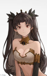 Rule 34 | 1girl, absurdres, bandana, bare shoulders, black ribbon, breasts, brown hair, cleavage, closed mouth, commentary request, earrings, fate/grand order, fate (series), grey background, hair ribbon, highres, hoop earrings, ishtar (fate), jewelry, long hair, looking at viewer, medium breasts, muyu713, navel, red eyes, ribbon, simple background, solo, tiara, two side up, upper body, white bandana, yu chuang