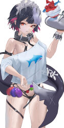 1girl absurdres alternate_costume bikini black_bikini black_hair breasts candy colored_inner_hair ellen_joe fins fish_tail food highres holding holding_candy holding_food holding_lollipop ice_cream lollipop looking_at_viewer mole mole_under_eye mouth_hold multicolored_hair nnn_(nonightnomad) orange_eyes red_hair shark_girl shark_print shark_tail shirt short_hair simple_background solo standing swimsuit t-shirt tail two-tone_hair wet white_background white_shirt wrist_cuffs zenless_zone_zero