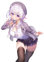 Rule 34 | 1girl, animal print, bat print, beret, black thighhighs, blue eyes, blue skirt, blush, bow, bowtie, breasts, cleavage, commentary request, commission, finger to mouth, grey jacket, hair ribbon, hat, highres, index finger raised, indie virtual youtuber, jacket, large breasts, leaning forward, long sleeves, low twintails, miniskirt, naito mare (vtuber), open clothes, open jacket, pink bow, pink bowtie, pink ribbon, pleated skirt, raag jp, ribbon, shirt, shushing, simple background, skeb commission, skindentation, skirt, solo, thighhighs, thighs, tongue, tongue out, twintails, virtual youtuber, white background, white hair, white shirt, zettai ryouiki