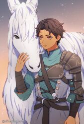 Rule 34 | 1boy, armor, brown hair, closed mouth, cyril (fire emblem), dfhnokenbutu, facing viewer, fire emblem, fire emblem: three houses, grey eyes, highres, horse, looking at viewer, male focus, nintendo, red eyes, shoulder armor, upper body, white horse