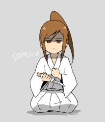 Rule 34 | 1girl, brown eyes, brown hair, etrian odyssey, grey background, high ponytail, holding, holding knife, imminent suicide, japanese clothes, jitome, kneeling, knife, long hair, motimamire, ponytail, seppuku, shogun (sekaiju), simple background, solo, wide sleeves