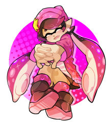 Rule 34 | 1girl, ^ ^, ankle boots, beanie, black skirt, boots, callie (splatoon), closed eyes, commentary, earrings, english commentary, fangs, full body, gomipomi, hat, inkling, interlocked fingers, jacket, jewelry, knees together feet apart, mole, mole under eye, nintendo, open clothes, open jacket, pigeon-toed, pink jacket, pink socks, pointy ears, short eyebrows, skirt, smile, socks, solo, splatoon (series), splatoon 2, tentacle hair, white background