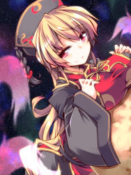 Rule 34 | 1girl, black dress, breast rest, breasts, chinese clothes, dress, female focus, hat, hemogurobin a1c, junko (touhou), large breasts, long hair, long sleeves, looking at viewer, moon, red eyes, sky, smile, solo, space, tabard, touhou, very long hair, wide sleeves
