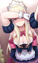 Rule 34 | 1girl, apron, armpits, back bow, black bow, black skirt, blonde hair, blue eyes, blunt bangs, blurry, blush, bow, bowtie, breasts, character request, cleavage, closed mouth, corset, depth of field, detached sleeves, from above, gloves, hair bow, hairband, hemachi, highres, large breasts, long hair, looking at viewer, looking up, miniskirt, nose blush, pink bow, pink bowtie, pleated skirt, princess connect!, puffy short sleeves, puffy sleeves, reaching, reaching towards viewer, selfie, short sleeves, skirt, smile, solo, sweat, waist apron, wavy mouth, white apron, white gloves, white hairband