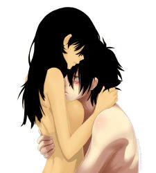 Rule 34 | 1boy, 1girl, black hair, blush, breasts, couple, from side, glasses, green eyes, hair over eyes, hand on another&#039;s back, hetero, hug, long hair, nude, parted lips, profile, simple background, upper body, watermark, web address, white background, unfinished