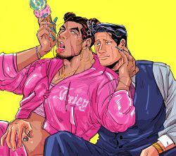 Rule 34 | 2boys, absurdres, alternate body hair, alternate costume, alternate hairstyle, artist request, bara, barbie (franchise), blue nails, bracelet, buzz cut, cone hair bun, cropped jacket, dark-skinned male, dark skin, eyelashes, facial hair, food, goatee stubble, golden kamuy, hair bun, hand on another&#039;s stomach, hands up, highres, holding, holding food, holding ice cream, ice cream, jacket, jewelry, kikuta mokutaro, large pectorals, long sideburns, looking at another, male focus, mature male, melting, meme, midriff, multiple boys, muscular, muscular male, mustache stubble, navel, navel piercing, pectoral cleavage, pectorals, piercing, pink jacket, rikimatsu ariko, ring, scar, scar on face, scar on forehead, scar on mouth, short hair, sideburns, sparse stubble, stubble, thick eyebrows, thick lips, very long fingernails, very short hair, yaoi, yassification (meme)