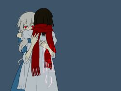 Rule 34 | 2girls, aaniko, alternate hair length, alternate hairstyle, apron, blue dress, colored eyelashes, covered mouth, dress, frilled apron, frills, fringe trim, from behind, grey background, hair between eyes, hands on another&#039;s back, hug, kagerou project, kozakura marry, long hair, looking away, medium hair, mekakucity actors, multiple girls, red eyes, red scarf, scales, scarf, simple background, sleeves past elbows, tateyama ayano, upper body, white apron, white dress