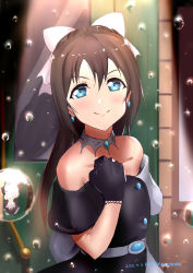 Rule 34 | 1girl, air bubble, aqua eyes, artist name, artist request, back bow, bare shoulders, belt, black dress, black gloves, black skirt, blue eyes, blush, bow, breasts, brown hair, bubble, buttons, choker, cleavage, clenched teeth, collarbone, dress, drop earrings, earrings, evening gown, female focus, gloves, grey bow, grey skirt, hair between eyes, hair bow, high ponytail, highres, jewelry, lace, lace gloves, long hair, looking at viewer, love live!, love live! nijigasaki high school idol club, love live! school idol festival, medium breasts, multicolored clothes, necklace, off-shoulder dress, off shoulder, osaka shizuku, parted lips, ponytail, sidelocks, skirt, sleeveless, sleeveless dress, smile, solitude rain (love live!), solo, stage, stage lights, teeth, two-tone dress, white bow, white dress, white skirt