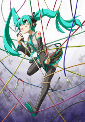 Rule 34 | 1girl, aqua eyes, aqua hair, audio jack, bandaid, bandaid on face, cable, detached sleeves, female focus, full body, gradient background, hatsune miku, long hair, microphone, microphone stand, necktie, open mouth, shirosame, skirt, solo, thighhighs, twintails, very long hair, vocaloid, zettai ryouiki