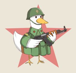 Rule 34 | ak-47, ammunition pouch, animal, animal focus, assault rifle, bird, china, combat helmet, commentary request, communism, duck, green sleeves, grzegorz1996, gun, helmet, highres, holding, holding gun, holding weapon, insignia, kalashnikov rifle, long sleeves, military, military uniform, original, pouch, red star, rifle, serious, simple background, solo, standing, star (symbol), type 56 assault rifle, uniform, v-shaped eyebrows, weapon