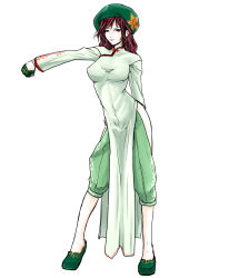 Rule 34 | 1girl, adapted costume, beret, braid, breasts, capri pants, china dress, chinese clothes, colorized, dress, eyeshadow, flats, full body, gloves, grey eyes, hat, highres, hong meiling, large breasts, ledjoker07, lips, long hair, makeup, no socks, pants, red hair, side braid, single braid, solo, star (symbol), touhou