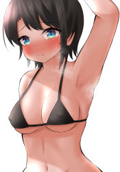 Rule 34 | 1girl, absurdres, arm up, armpits, bikini, black hair, blue eyes, blush, breasts, cleavage, closed mouth, covered erect nipples, highres, hololive, large breasts, looking at viewer, micro bikini, navel, nose blush, oozora subaru, pemoyashi (tianoblue), short hair, simple background, solo, sweat, swept bangs, swimsuit, virtual youtuber, white background