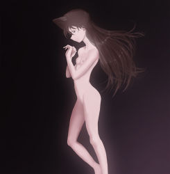 Rule 34 | 1girl, black background, breasts, brown eyes, brown hair, closed mouth, collarbone, completely nude, feet out of frame, floating hair, from side, hair between eyes, highres, long hair, meitantei conan, mouri ran, nipples, nude, simple background, small breasts, solo, storm92, very long hair