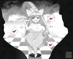 Rule 34 | 1girl, breasts, cleavage, fishnet legwear, fishnets, hat, highres, huge breasts, league of legends, leotard, lulu (league of legends), monochrome, pointy ears, thick thighs, thighs, yordle