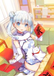 Rule 34 | 1girl, :d, blue eyes, breasts, cat, china dress, chinese clothes, couch, dress, elbow gloves, gloves, head tilt, highres, holding, kaworu, kaworu (1030), kuuki shoujo, long hair, looking at viewer, open mouth, scarf, silver hair, sitting, small breasts, smile, solo, the personification of atmosphere, twintails, white gloves, white scarf