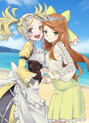 Rule 34 | beach, blonde hair, bow, breast press, breasts, cloud, cloudy sky, corset, dress, etie (fire emblem), fire emblem, fire emblem awakening, fire emblem engage, frilled shirt collar, frilled sleeves, frills, green bow, grey eyes, highres, holding hands, igni tion, lissa (fire emblem), long hair, looking at viewer, medium breasts, nintendo, ocean, open mouth, orange gemstone, orange hair, short twintails, sky, small breasts, swept bangs, teeth, tiara, twintails, upper teeth only, water, yellow dress