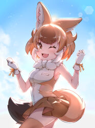 Rule 34 | 1girl, animal ears, bare shoulders, blush, breasts, brown hair, day, dhole (kemono friends), dog ears, dog girl, dog tail, extra ears, gloves, highres, kemono friends, kemono friends 3, looking at viewer, medium breasts, multicolored hair, natuki takumi, one eye closed, open mouth, outdoors, shirt, short hair, skirt, sleeveless, smile, solo, tail, thighhighs, two-tone hair, white hair