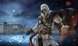 Rule 34 | 1boy, assassin&#039;s creed, assassin&#039;s creed (series), assassin&#039;s creed ii, bad id, bad pixiv id, cape, city, cloak, cloud, concealed weapon, ezio auditore da firenze, full moon, gloves, hood, male focus, manly, moon, night, petals, rose petals, smile, solo, tera (no reason), tera (noreason51), vambraces, venice, weapon