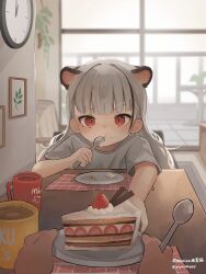 Rule 34 | 1boy, 1girl, :t, absurdres, analog clock, animal ears, artist name, backlighting, blush, cake, child, clock, cup, eating, food, food on face, fruit, grey hair, grey shirt, highres, holding, holding spoon, icing, indoors, long hair, looking at viewer, mimi (roza4957), mug, multicolored hair, omurice (roza4957), original, placemat, plate, pov, pov hands, reaching, red eyes, shirt, short sleeves, solo focus, spoon, strawberry, strawberry cake, streaked hair, t-shirt, table, twitter username, wall clock