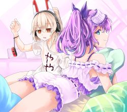 Rule 34 | 2girls, :3, absurdres, ass, ayanami (azur lane), ayanami (niconico) (azur lane), azur lane, bed, bed sheet, breasts, commentary request, controller, empty eyes, eye mask, game controller, green eyes, hair ribbon, headgear, headphones, highres, huge filesize, javelin (azur lane), javelin (operation: pillow fight!) (azur lane), joy-con, long hair, looking at viewer, looking back, lying, mask, mask on head, multiple girls, nintendo, nintendo switch, hugging object, on stomach, orange eyes, oversized clothes, oversized shirt, pajamas, parted lips, pillow, pillow hug, ponytail, purple hair, ribbon, shirt, short shorts, shorts, sideboob, silver hair, sleepover, t-shirt, take yaki, translation request