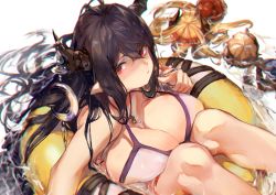 Rule 34 | 1girl, absurdres, bandaged arm, bandages, bikini, breasts, cleavage, crescent, danua, doroyoi san, draph, granblue fantasy, hair between eyes, highres, horn ornament, horns, innertube, jewelry, large breasts, long hair, necklace, pointy ears, red eyes, swim ring, swimsuit, water, wet