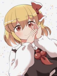 Rule 34 | 1girl, blonde hair, bow, brown eyes, hair bow, highres, long sleeves, looking at viewer, medium hair, neckerchief, own hands together, rokugou daisuke, rumia, smile, solo, touhou