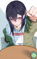 Rule 34 | 1girl, absurdres, arm up, black hair, blue hair, blurry, blush, clenched hand, closed mouth, collarbone, commentary, cup, cushion, depth of field, drawstring, green jacket, hair between eyes, highres, hood, hood down, hoodie, ichinose uruha, jacket, long hair, long sleeves, looking at viewer, lupinus virtual games, multicolored hair, open clothes, open jacket, purple eyes, ringozeri, sidelocks, simple background, sitting, solo, streaked hair, table, teacup, virtual youtuber, vspo!, white jacket