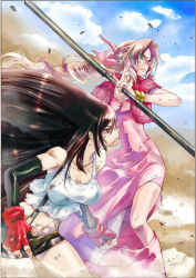 Rule 34 | 2girls, aerith gainsborough, bangle, bare shoulders, black hair, black skirt, bracelet, braid, braided ponytail, breasts, brown hair, cleavage, cloud, cloudy sky, collarbone, crop top, cropped jacket, curly hair, debris, dirty, dirty clothes, dirty face, dress, elbow gloves, fighting stance, final fantasy, final fantasy vii, fingerless gloves, frown, gloves, green eyes, hair between eyes, hair ribbon, highres, holding, holding staff, jacket, jewelry, large breasts, long dress, long hair, looking to the side, medium breasts, miniskirt, multiple girls, outdoors, parted bangs, pink dress, pink ribbon, red eyes, red jacket, ribbon, shirt, short sleeves, sidelocks, skirt, sky, sleeveless, sleeveless shirt, square enix, staff, suspender skirt, suspenders, tifa lockhart, torimeiro, torn clothes, torn dress, upper body, white shirt