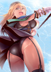 Rule 34 | 10s, 1girl, ass, black leotard, blonde hair, breasts, capelet, clothing cutout, cowboy shot, detached sleeves, from below, garter straps, gauntlets, granblue fantasy, large breasts, leotard, long hair, looking at viewer, mona (shingeki no bahamut), misao (kami no misoshiru), open mouth, shingeki no bahamut, solo, thighhighs, thighs, underboob cutout, yellow eyes