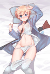 Rule 34 | 10s, 1girl, animal ears, arm up, between breasts, blonde hair, blue eyes, blush, brave witches, breasts, clothes pull, groin, gun, highres, konnyaku (kk-monmon), looking at viewer, lying, navel, nikka edvardine katajainen, no bra, on back, open clothes, open shirt, panties, panty pull, pantyhose, pantyhose pull, pillow, shirt, short hair, solo, strike witches, unbuttoned, unbuttoned shirt, underwear, uniform, weapon, white panties, white pantyhose, world witches series