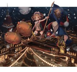 Rule 34 | 1girl, :d, :o, candy, candy cane, christmas tree, city lights, flag, flower, food, full moon, gift, green eyes, heterochromia, highres, moon, open mouth, original, outdoors, red eyes, reindeer, rose, short twintails, sleigh, smile, snowing, snowman, standing, twintails, white legwear, yu-ri (arium047)