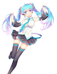 Rule 34 | 1girl, absurdres, aqua hair, bare shoulders, black thighhighs, blue eyes, detached sleeves, hair ornament, hatsune miku, headset, highres, holding, holding hair, long hair, long sleeves, niwashi (yuyu), open mouth, pleated skirt, see-through, shirt, simple background, skirt, smile, solo, thighhighs, twintails, very long hair, vocaloid, wide sleeves, zettai ryouiki