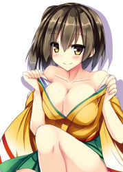 Rule 34 | 10s, 1girl, bare legs, bare shoulders, blush, breasts, brown hair, cleavage, closed mouth, collarbone, eyebrows, green skirt, hiryuu (kancolle), japanese clothes, kantai collection, kimono, knee up, large breasts, long sleeves, looking at viewer, open clothes, open kimono, ryokushiki (midori-ya), short hair, silhouette, simple background, skirt, smile, solo, white background, wide sleeves, yellow eyes