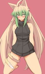 Rule 34 | 1girl, ahoge, animal ears, atalanta (fate), blonde hair, blush, breasts, cat ears, fate/apocrypha, fate (series), green eyes, green hair, hair between eyes, heart, heart-shaped pupils, kneeling, looking at viewer, multicolored hair, nahu, navel, small breasts, solo, symbol-shaped pupils, tongue, tongue out