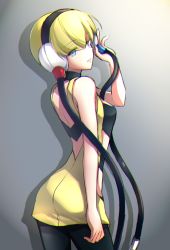 Rule 34 | 1girl, arched back, bare shoulders, black pants, black pantyhose, blonde hair, blue eyes, blunt bangs, breasts, cable, choker, chromatic aberration, cowboy shot, creatures (company), elesa (pokemon), eyes visible through hair, female focus, from behind, game freak, gradient background, grey background, hair between eyes, half-closed eyes, hand up, head tilt, headphones, highres, legs apart, looking at viewer, looking back, looking to the side, medium breasts, mintes, nintendo, pants, pantyhose, pokemon, pokemon bw, short hair, simple background, sleeveless, smile, solo, standing