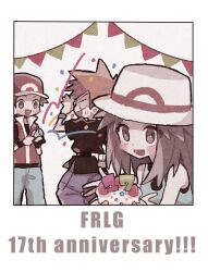 Rule 34 | 1girl, 2boys, anniversary, arm up, banner, baseball cap, black border, black shirt, black wristband, blank eyes, blue oak, blue pants, blue shirt, blush, border, brown eyes, brown hair, cake, candle, commentary, confetti, copyright name, creatures (company), dessert, food, fruit, game freak, grey background, hands up, happy, hat, highres, holding, holding cake, holding food, leaf (pokemon), long hair, looking at another, looking at viewer, mgomurainu, multiple boys, nintendo, open mouth, pants, party popper, pokemon, pokemon frlg, purple pants, red (pokemon), red headwear, red vest, shirt, short sleeves, sleeveless, sleeveless shirt, smile, spiked hair, strawberry, surprised, sweatdrop, upper body, vest, white headwear