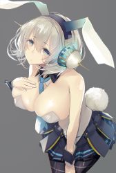 Rule 34 | 1girl, :&lt;, animal ears, bad id, bad twitter id, between breasts, black skirt, blurry, blush, breasts, cleavage, depth of field, detached collar, fake animal ears, grey background, hand on own chest, large breasts, leotard, looking at viewer, necktie, necktie between breasts, oshiro project:re, pantyhose, playboy bunny, pleated skirt, rabbit ears, rabbit tail, shikano, shikano (oshiro project), short hair, shu-cem, simple background, skindentation, skirt, solo, spikes, tail, wrist cuffs