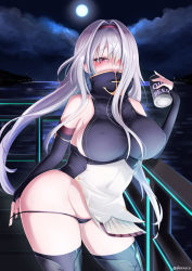 Rule 34 | 1girl, absurdres, artist name, azur lane, bare shoulders, beer can, blush, breasts, bridal gauntlets, can, cloud, cloudy sky, colorado (azur lane), covered erect nipples, covered mouth, dress, drink can, elbow gloves, full-face blush, full moon, gloves, hair over one eye, hairband, high collar, highres, holding, holding can, large breasts, lighthouse, monneko, moon, night, night sky, outdoors, panties, pelvic curtain, purple thighhighs, red eyes, red hairband, sideboob, silver hair, sky, sleeveless, sleeveless dress, solo, standing, string panties, string pull, thighhighs, thighs, underwear, water, wide hips