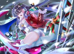 Rule 34 | 1girl, absurdres, ass, bell, blue hair, breasts, christmas, cleavage, commentary request, cyberpunk, fang, hair ornament, highres, holding, holding sword, holding weapon, jingle bell, kappaako, katana, kson, large breasts, leotard, long hair, mole, mole under eye, motor vehicle, motorcycle, multicolored hair, open mouth, purple hair, santa costume, skin fang, souchou, star (symbol), star hair ornament, streaked hair, sword, virtual youtuber, vshojo, weapon, white leotard