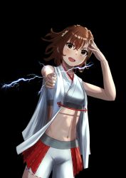 Rule 34 | 1girl, adapted uniform, bare shoulders, black background, blush, bob cut, breasts, brown eyes, brown hair, coin, commentary, cowboy shot, cropped shirt, electricity, electrokinesis, floating hair, flower, hair between eyes, hair flower, hair ornament, hairclip, hand on own head, hand up, highres, holding, holding coin, japanese clothes, looking at viewer, midriff, miko, misaka mikoto, navel, nontraditional miko, open mouth, outstretched arm, red shorts, shirt, short hair, shorts, simple background, sleeveless, small breasts, smile, teeth, toaru kagaku no railgun, toaru majutsu no index, totsugekikouhei, two-tone shorts, upper teeth only, white flower, white shirt, white shorts, wind