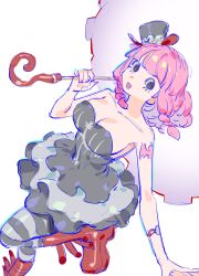 Rule 34 | 1girl, arm tattoo, blunt bangs, boots, dress, frilled dress, frills, from side, hat, holding, holding umbrella, medium hair, mini hat, mini top hat, one piece, pantyhose, perona, pink hair, raine (acke2445), red footwear, short dress, simple background, smile, solo, standing, standing on one leg, strapless, strapless dress, striped clothes, striped pantyhose, striped thighhighs, tattoo, thighhighs, top hat, umbrella, vertical-striped clothes, vertical-striped thighhighs, watch, white background, wristwatch