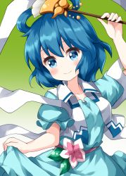 Rule 34 | 1girl, blue dress, blue eyes, blue hair, chisel, closed mouth, dress, flower, gradient background, green background, hair ornament, hair rings, highres, holding, holding clothes, holding dress, kaku seiga, looking to the side, medium hair, pink flower, ruu (tksymkw), shawl, short sleeves, simple background, smile, solo, standing, touhou, unworn hair ornament, vest, white vest