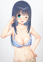 Rule 34 | 10s, 1girl, aqua eyes, arm up, armpit peek, blue bra, blue hair, blunt bangs, blush, bra, breasts, cleavage, collarbone, commentary request, eromanga sensei, grey background, hand on own hip, highres, long hair, looking at viewer, medium breasts, midriff, mikazuchi zeus, navel, one eye closed, open mouth, sidelocks, simple background, skirt, smile, solo, stomach, takasago tomoe, underwear, underwear only
