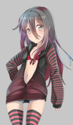 Rule 34 | 1girl, bikini, bikini top only, black hair, black jacket, blush, closed mouth, collarbone, comah, front-tie bikini top, front-tie top, gradient hair, gradient jacket, grey background, grey eyes, hair between eyes, highres, jacket, long hair, long sleeves, multicolored hair, open clothes, open jacket, original, puffy long sleeves, puffy sleeves, red bikini, red hair, red jacket, simple background, sleeves past wrists, solo, striped clothes, striped thighhighs, swimsuit, thighhighs, very long hair