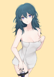 Rule 34 | 1girl, absurdres, bare arms, bare shoulders, blue eyes, blue hair, breasts, byleth (female) (fire emblem), byleth (fire emblem), cleavage, collarbone, commentary request, cowboy shot, dagger, fire emblem, fire emblem: three houses, hand on weapon, highres, knife, long hair, looking at viewer, medium breasts, naked towel, nintendo, parted lips, sheath, sheathed, shimizu akina, simple background, solo, thigh strap, towel, weapon, yellow background