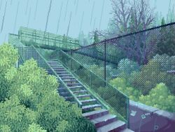 Rule 34 | animated, chain-link fence, fence, no humans, original, pixel art, railing, rain, scenery, stairs, tagme, tree, video