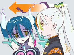Rule 34 | 2girls, arrow (symbol), black sleeves, blue hair, closed mouth, commentary request, creatures (company), fighting miku (project voltage), game freak, ghost miku (project voltage), glitch, grey background, grey shirt, hair between eyes, hatsune miku, highres, long hair, long sleeves, looking at another, multicolored hair, multiple girls, necktie, nintendo, open mouth, orange hair, pale skin, pokemon, print sleeves, profile, project voltage, shaded face, shirt, sleeveless, sleeveless shirt, streaked hair, tebasaki (torino 029), twintails, twitter username, upper body, vocaloid, white hair, white necktie, will-o&#039;-the-wisp (mythology), yellow eyes