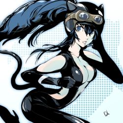 Rule 34 | 1girl, blue eyes, blue hair, cat tail, center opening, cosplay, female focus, goggles, gravity daze, high heels, long hair, matching hair/eyes, persona, persona 4, shirogane naoto, skin tight, solo, tail